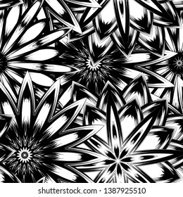 Seamless floral background. Tracery handmade nature ethnic fabric backdrop pattern with saturated dark flowers. Textile design texture. Decorative binary monochrome black and white art. Vector