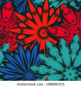 Seamless floral background. Tracery handmade nature ethnic fabric backdrop pattern with flowers. Textile design texture. Decorative color art. Vector