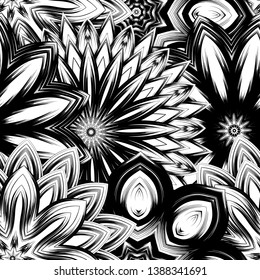 Seamless floral background. Tracery handmade nature ethnic fabric backdrop pattern with saturated dark flowers. Textile design texture. Decorative binary monochrome black and white art. Vector