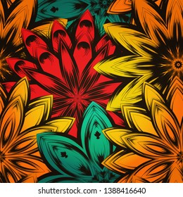 Seamless floral background. Tracery handmade nature ethnic fabric backdrop pattern with flowers. Textile design texture. Decorative color art. Vector