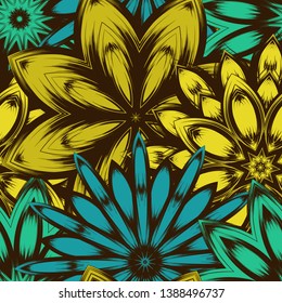 Seamless floral background. Tracery handmade nature ethnic fabric backdrop pattern with flowers. Textile design texture. Decorative color art. Vector