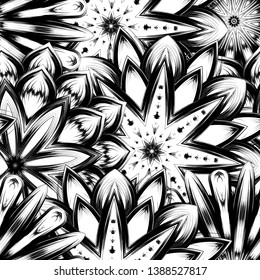 Seamless floral background. Tracery handmade nature ethnic fabric backdrop pattern with saturated dark flowers. Textile design texture. Decorative binary monochrome black and white art. Vector