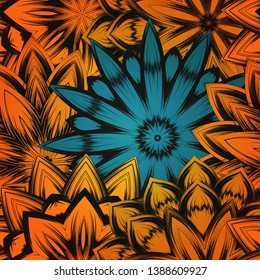 Seamless floral background. Tracery handmade nature ethnic fabric backdrop pattern with flowers. Textile design texture. Decorative color art. Vector