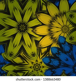 Seamless floral background. Tracery handmade nature ethnic fabric backdrop pattern with flowers. Textile design texture. Decorative color art. Vector
