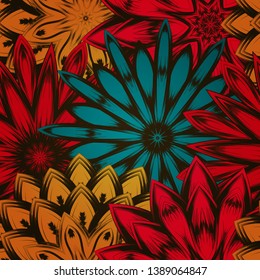 Seamless floral background. Tracery handmade nature ethnic fabric backdrop pattern with flowers. Textile design texture. Decorative color art. Vector