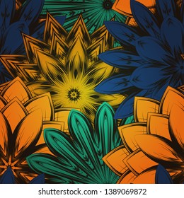 Seamless floral background. Tracery handmade nature ethnic fabric backdrop pattern with flowers. Textile design texture. Decorative color art. Vector