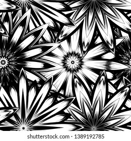 Seamless floral background. Tracery handmade nature ethnic fabric backdrop pattern with saturated dark flowers. Textile design texture. Decorative binary monochrome black and white art. Vector
