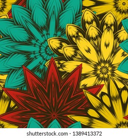 Seamless floral background. Tracery handmade nature ethnic fabric backdrop pattern with flowers. Textile design texture. Decorative color art. Vector