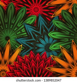 Seamless floral background. Tracery handmade nature ethnic fabric backdrop pattern with flowers. Textile design texture. Decorative color art. Vector