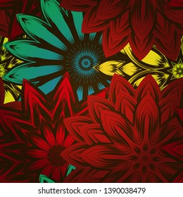 Seamless floral background. Tracery handmade nature ethnic fabric backdrop pattern with flowers. Textile design texture. Decorative color art. Vector