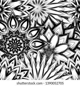 Seamless floral background. Tracery handmade nature ethnic fabric backdrop pattern with saturated dark flowers. Textile design texture. Decorative binary monochrome black and white art. Vector