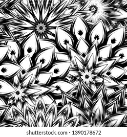 Seamless floral background. Tracery handmade nature ethnic fabric backdrop pattern with saturated dark flowers. Textile design texture. Decorative binary monochrome black and white art. Vector