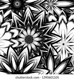 Seamless floral background. Tracery handmade nature ethnic fabric backdrop pattern with saturated dark flowers. Textile design texture. Decorative binary monochrome black and white art. Vector