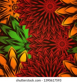 Seamless floral background. Tracery handmade nature ethnic fabric backdrop pattern with flowers. Textile design texture. Decorative color art. Vector
