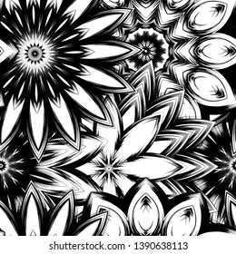 Seamless floral background. Tracery handmade nature ethnic fabric backdrop pattern with saturated dark flowers. Textile design texture. Decorative binary monochrome black and white art. Vector