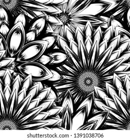 Seamless floral background. Tracery handmade nature ethnic fabric backdrop pattern with saturated dark flowers. Textile design texture. Decorative binary monochrome black and white art. Vector