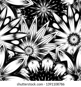 Seamless floral background. Tracery handmade nature ethnic fabric backdrop pattern with saturated dark flowers. Textile design texture. Decorative binary monochrome black and white art. Vector