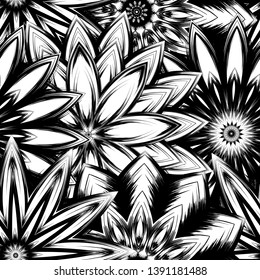 Seamless floral background. Tracery handmade nature ethnic fabric backdrop pattern with saturated dark flowers. Textile design texture. Decorative binary monochrome black and white art. Vector