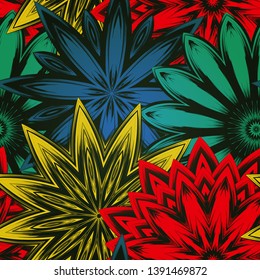 Seamless floral background. Tracery handmade nature ethnic fabric backdrop pattern with flowers. Textile design texture. Decorative color art. Vector