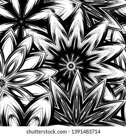 Seamless floral background. Tracery handmade nature ethnic fabric backdrop pattern with saturated dark flowers. Textile design texture. Decorative binary monochrome black and white art. Vector