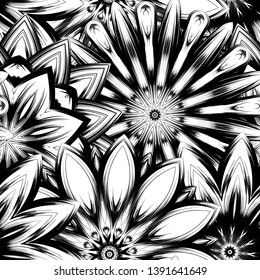 Seamless floral background. Tracery handmade nature ethnic fabric backdrop pattern with saturated dark flowers. Textile design texture. Decorative binary monochrome black and white art. Vector