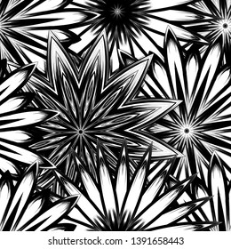 Seamless floral background. Tracery handmade nature ethnic fabric backdrop pattern with saturated dark flowers. Textile design texture. Decorative binary monochrome black and white art. Vector