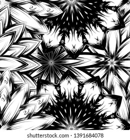 Seamless floral background. Tracery handmade nature ethnic fabric backdrop pattern with saturated dark flowers. Textile design texture. Decorative binary monochrome black and white art. Vector