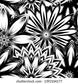 Seamless floral background. Tracery handmade nature ethnic fabric backdrop pattern with saturated dark flowers. Textile design texture. Decorative binary monochrome black and white art. Vector