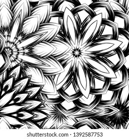 Seamless floral background. Tracery handmade nature ethnic fabric backdrop pattern with saturated dark flowers. Textile design texture. Decorative binary monochrome black and white art. Vector