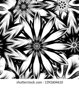 Seamless floral background. Tracery handmade nature ethnic fabric backdrop pattern with saturated dark flowers. Textile design texture. Decorative binary monochrome black and white art. Vector