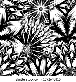 Seamless floral background. Tracery handmade nature ethnic fabric backdrop pattern with saturated dark flowers. Textile design texture. Decorative binary monochrome black and white art. Vector
