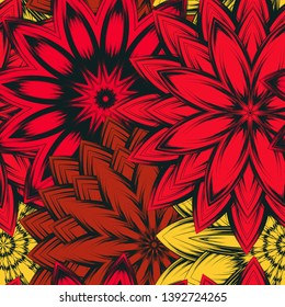 Seamless floral background. Tracery handmade nature ethnic fabric backdrop pattern with flowers. Textile design texture. Decorative color art. Vector