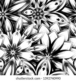 Seamless floral background. Tracery handmade nature ethnic fabric backdrop pattern with saturated dark flowers. Textile design texture. Decorative binary monochrome black and white art. Vector