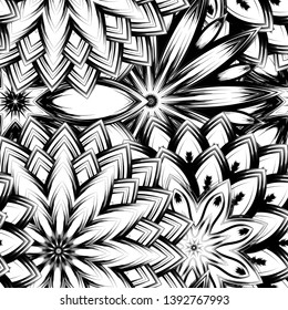 Seamless floral background. Tracery handmade nature ethnic fabric backdrop pattern with saturated dark flowers. Textile design texture. Decorative binary monochrome black and white art. Vector
