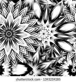 Seamless floral background. Tracery handmade nature ethnic fabric backdrop pattern with saturated dark flowers. Textile design texture. Decorative binary monochrome black and white art. Vector