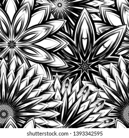 Seamless floral background. Tracery handmade nature ethnic fabric backdrop pattern with saturated dark flowers. Textile design texture. Decorative binary monochrome black and white art. Vector