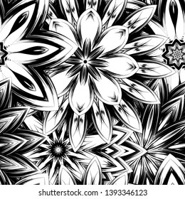 Seamless floral background. Tracery handmade nature ethnic fabric backdrop pattern with saturated dark flowers. Textile design texture. Decorative binary monochrome black and white art. Vector