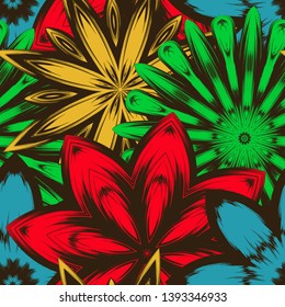 Seamless floral background. Tracery handmade nature ethnic fabric backdrop pattern with flowers. Textile design texture. Decorative color art. Vector