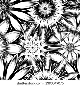 Seamless floral background. Tracery handmade nature ethnic fabric backdrop pattern with saturated dark flowers. Textile design texture. Decorative binary monochrome black and white art. Vector