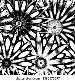 Seamless floral background. Tracery handmade nature ethnic fabric backdrop pattern with saturated dark flowers. Textile design texture. Decorative binary monochrome black and white art. Vector