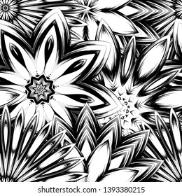 Seamless floral background. Tracery handmade nature ethnic fabric backdrop pattern with saturated dark flowers. Textile design texture. Decorative binary monochrome black and white art. Vector