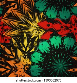 Seamless floral background. Tracery handmade nature ethnic fabric backdrop pattern with flowers. Textile design texture. Decorative color art. Vector