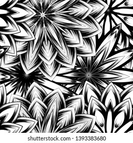 Seamless floral background. Tracery handmade nature ethnic fabric backdrop pattern with saturated dark flowers. Textile design texture. Decorative binary monochrome black and white art. Vector