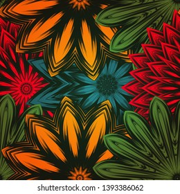 Seamless floral background. Tracery handmade nature ethnic fabric backdrop pattern with flowers. Textile design texture. Decorative color art. Vector