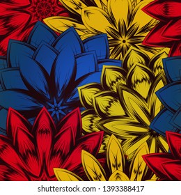 Seamless floral background. Tracery handmade nature ethnic fabric backdrop pattern with flowers. Textile design texture. Decorative color art. Vector