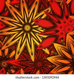 Seamless floral background. Tracery handmade nature ethnic fabric backdrop pattern with flowers. Textile design texture. Decorative color art. Vector