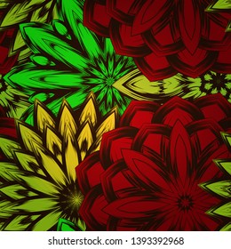 Seamless floral background. Tracery handmade nature ethnic fabric backdrop pattern with flowers. Textile design texture. Decorative color art. Vector