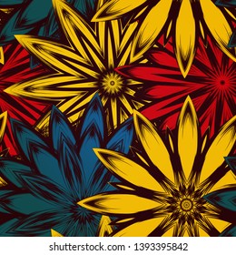 Seamless floral background. Tracery handmade nature ethnic fabric backdrop pattern with flowers. Textile design texture. Decorative color art. Vector