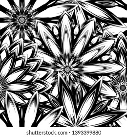 Seamless floral background. Tracery handmade nature ethnic fabric backdrop pattern with saturated dark flowers. Textile design texture. Decorative binary monochrome black and white art. Vector