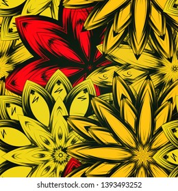 Seamless floral background. Tracery handmade nature ethnic fabric backdrop pattern with flowers. Textile design texture. Decorative color art. Vector